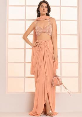 Peach Hand Work Satin Fusion Set