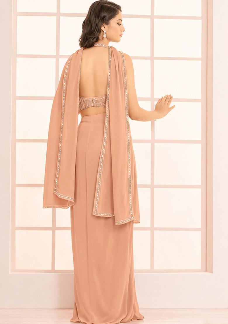 Peach Hand Work Satin Fusion Set - Indya