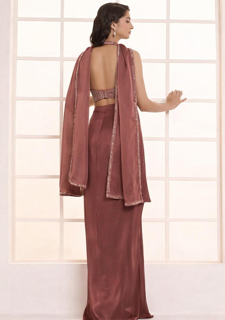 Brown Hand Work Satin Fusion Set - Indya