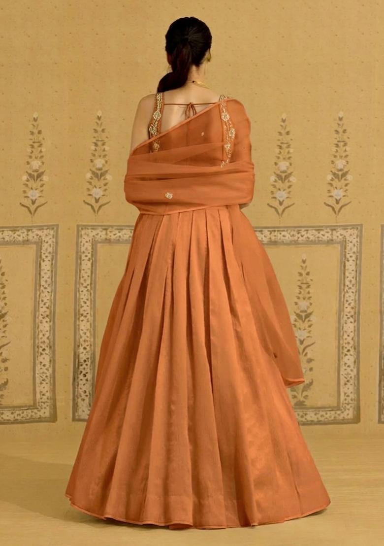 Burnt Orange Hand Work Crepe Lehenga Set - Indya