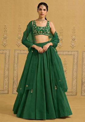 Dark Green Hand Work Crepe Lehenga Set