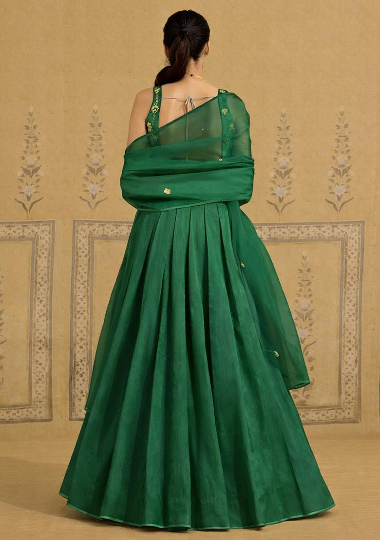 Dark Green Hand Work Crepe Lehenga Set - Indya