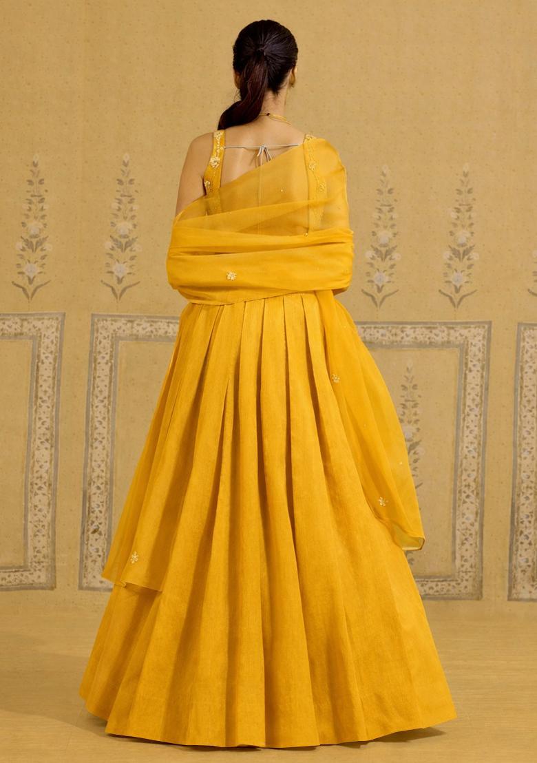 Mustard Hand Work Crepe Lehenga Set - Indya