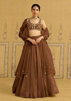 Brown Hand Work Crepe Lehenga Set