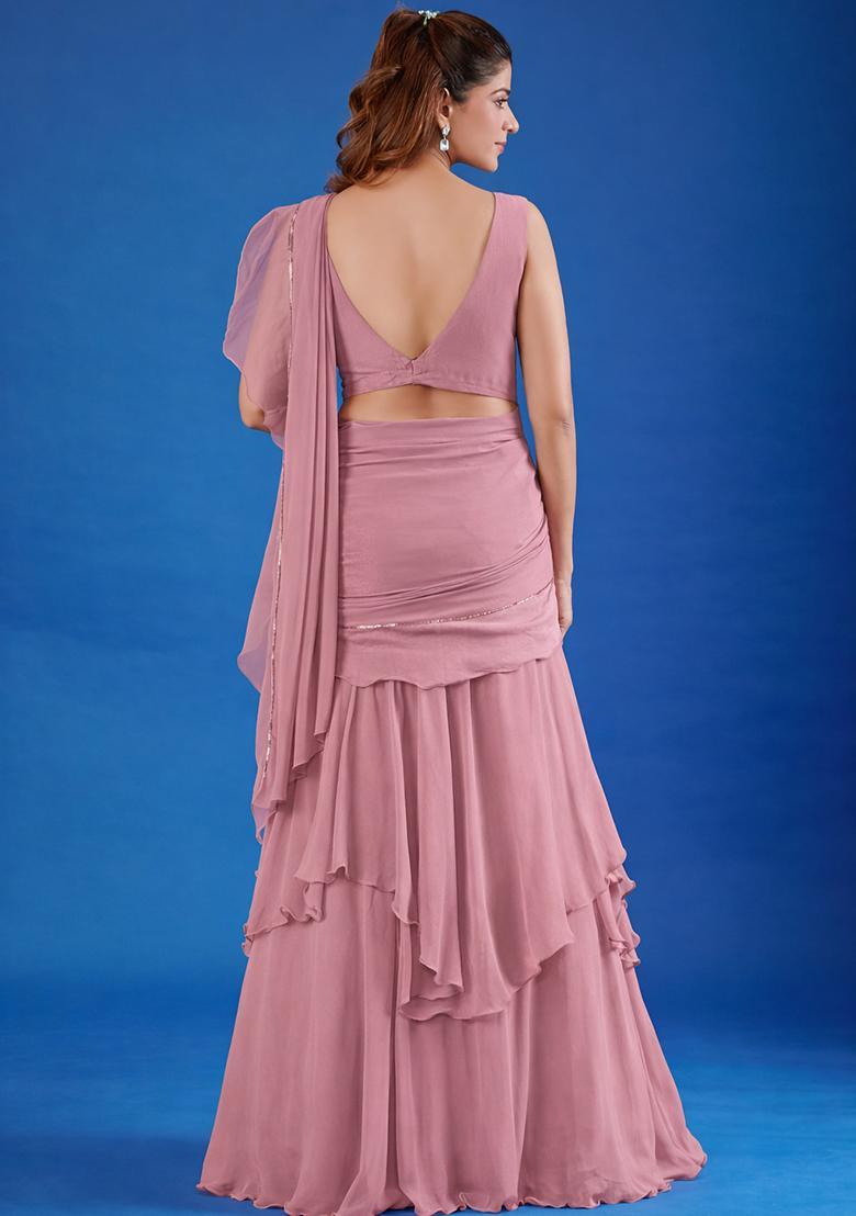Dusty Pink Hand Work Chinon Pre Draped Saree Set - Indya