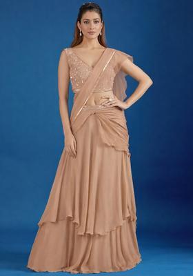 Beige Hand Work Chinon Pre Draped Saree Set