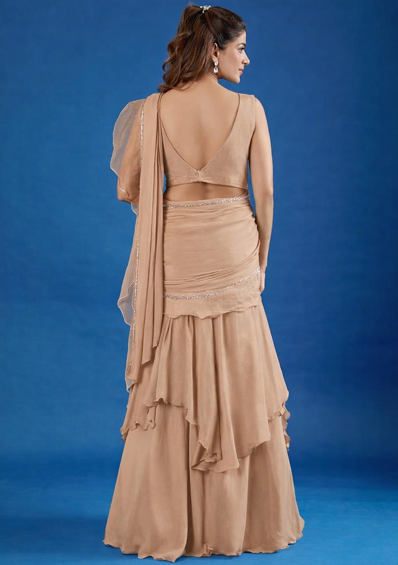 Beige Hand Work Chinon Pre Draped Saree Set - Indya