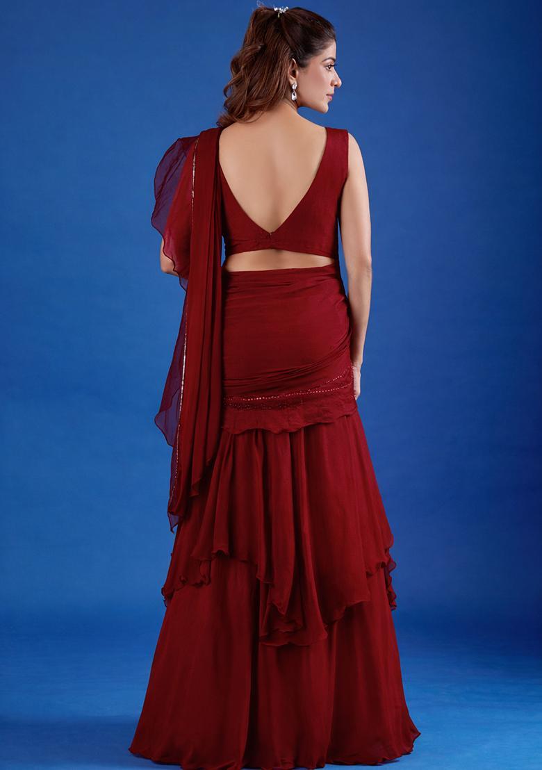 Deep Red Hand Work Chinon Pre Draped Saree Set - Indya