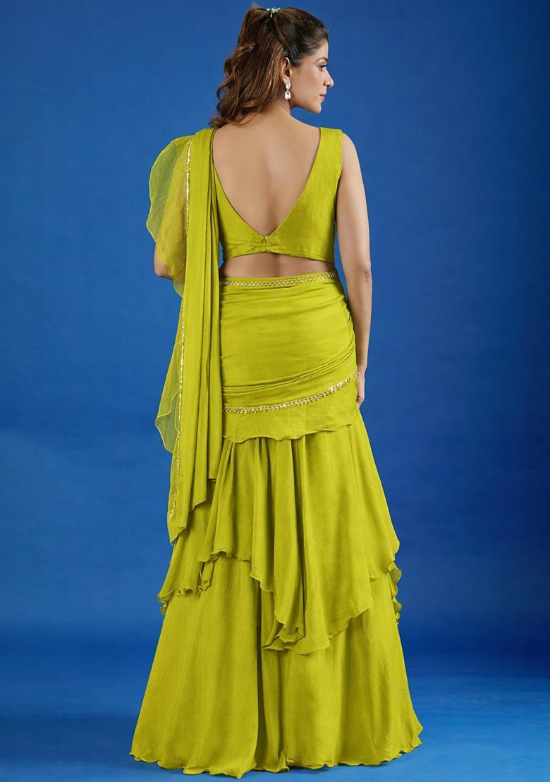 Lime Green Hand Work Chinon Pre Draped Saree Set - Indya