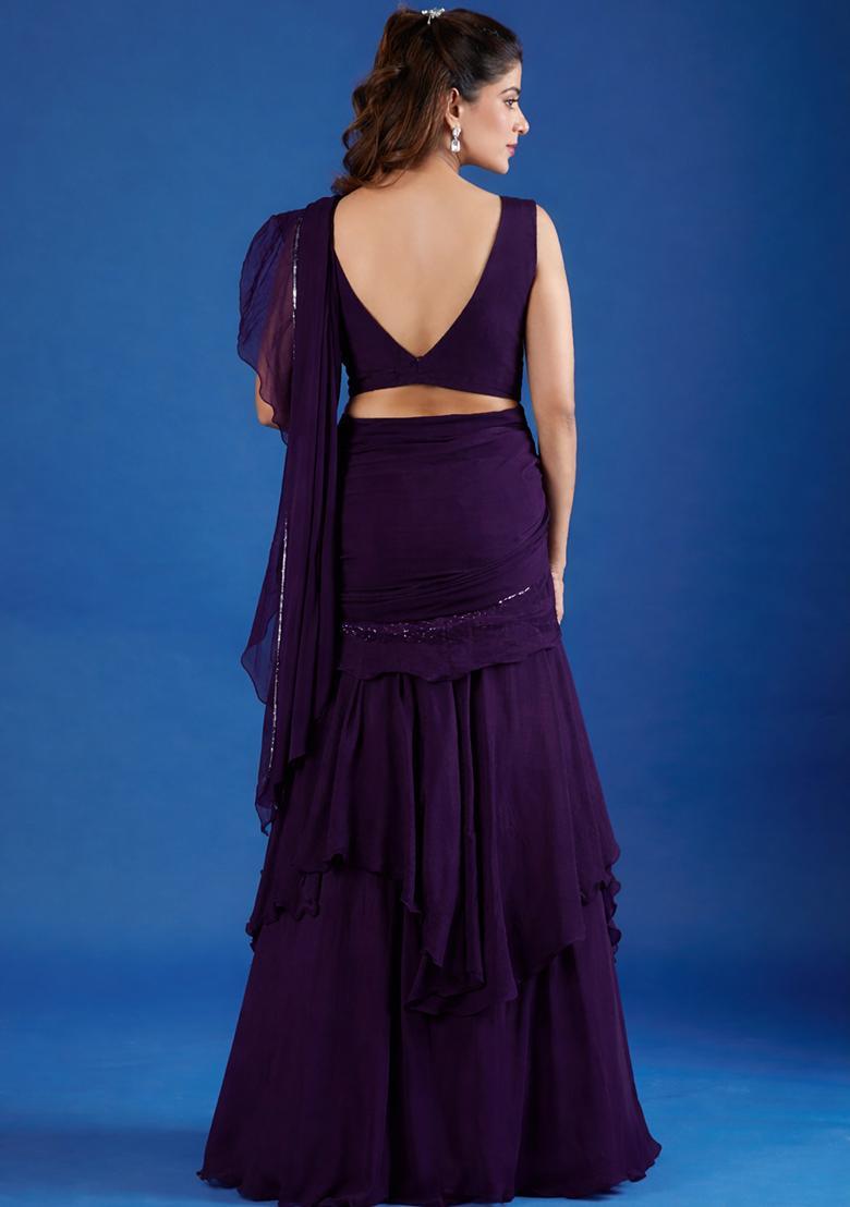 Deep Purple Hand Work Chinon Pre Draped Saree Set - Indya
