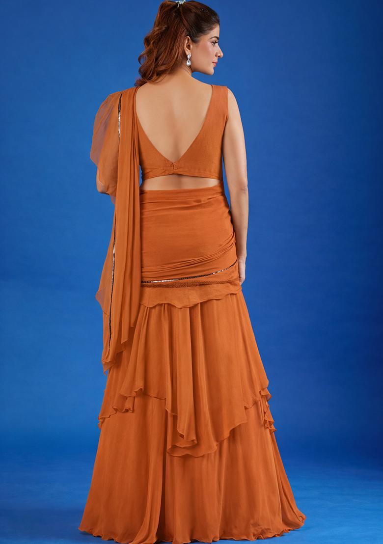 Rust Hand Work Chinon Pre Draped Saree Set - Indya