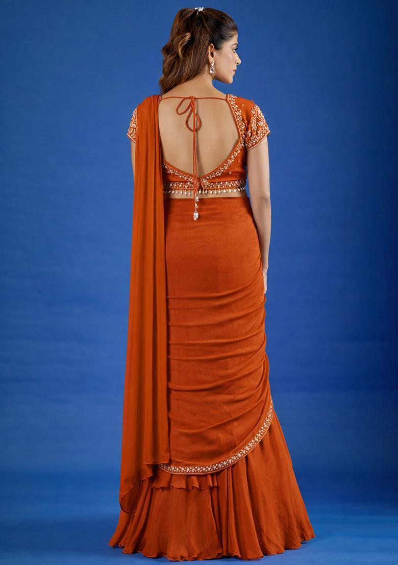 Rust Hand Work Chinon Pre Draped Saree Set - Indya