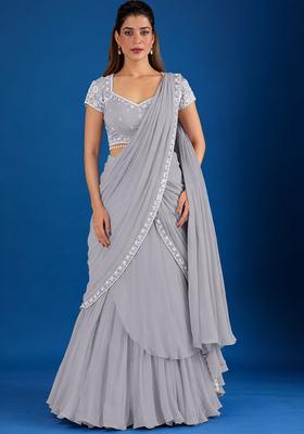 Grey Hand Work Chinon Pre Draped Saree Set