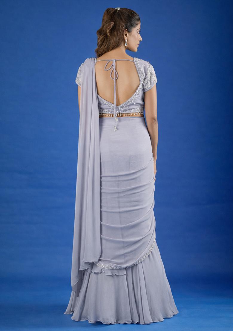 Grey Hand Work Chinon Pre Draped Saree Set - Indya