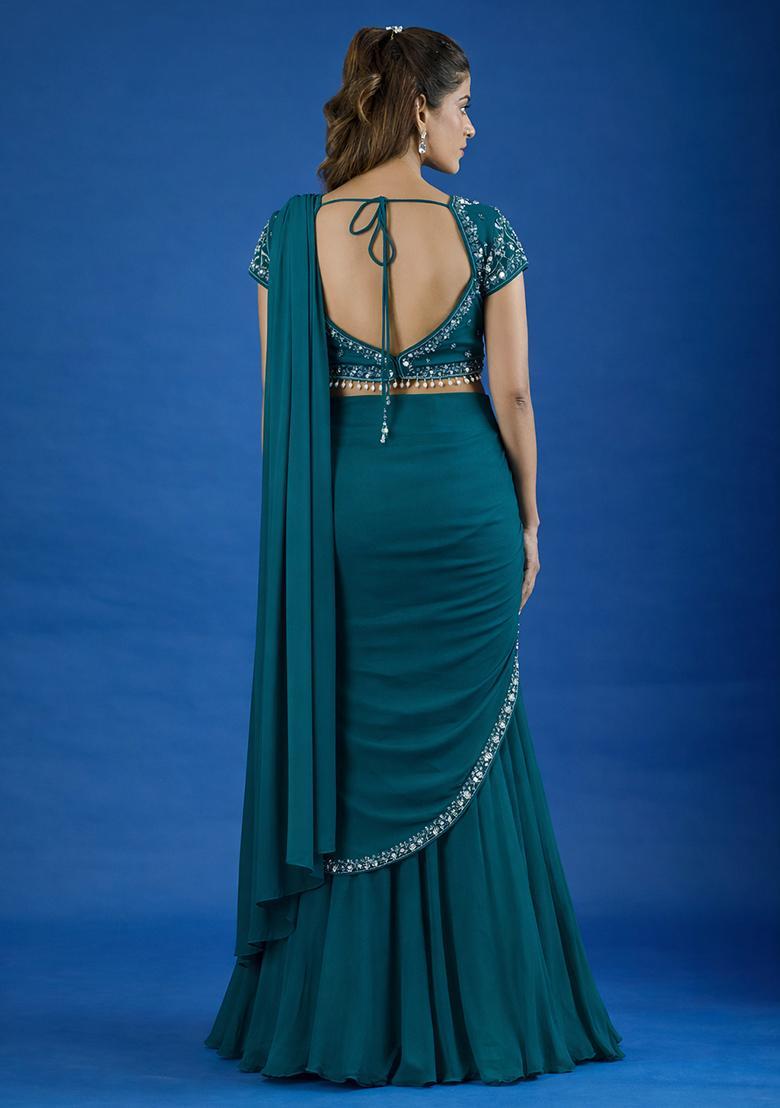 Teal Blue Hand Work Chinon Pre Draped Saree Set - Indya