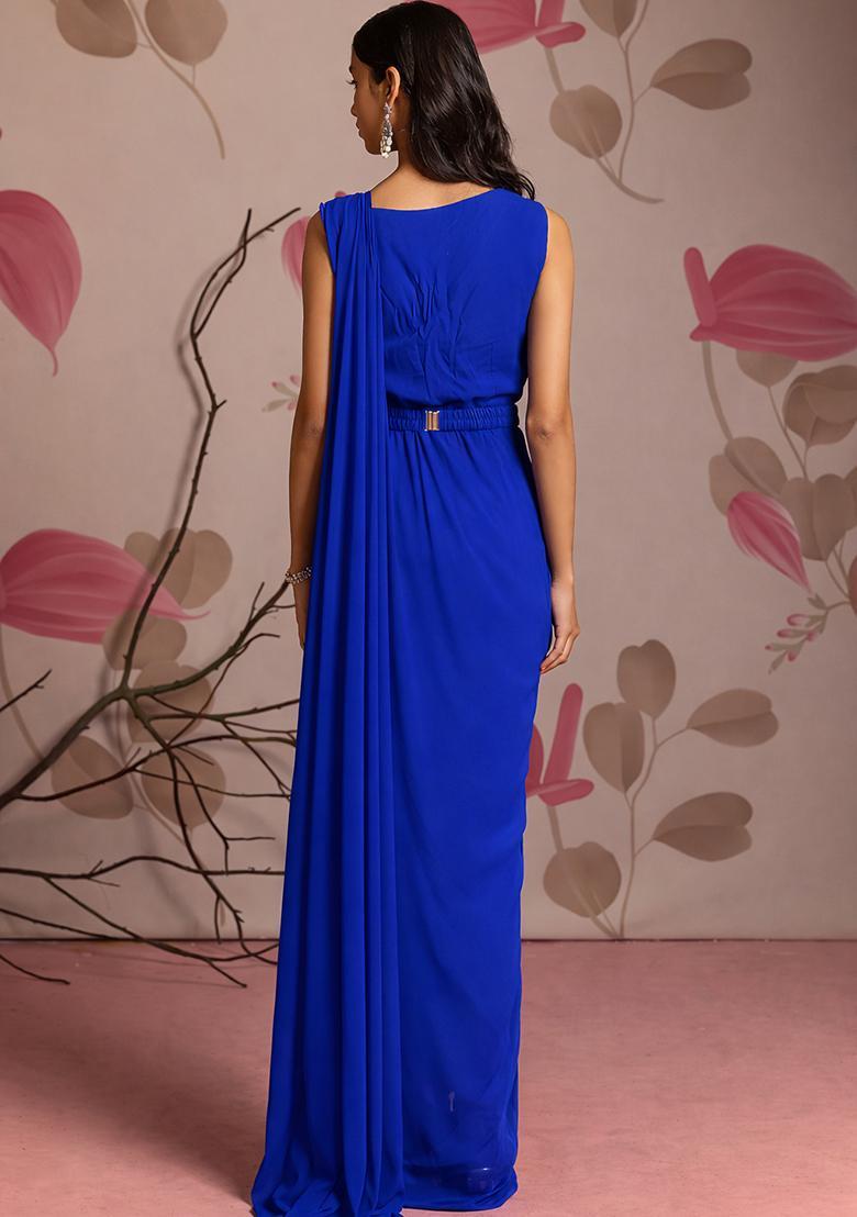 Royal Blue Hand Work Chinon Pre Draped Saree Set - Indya