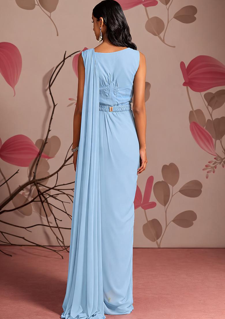 Light Blue Hand Work Chinon Pre Draped Saree Set - Indya