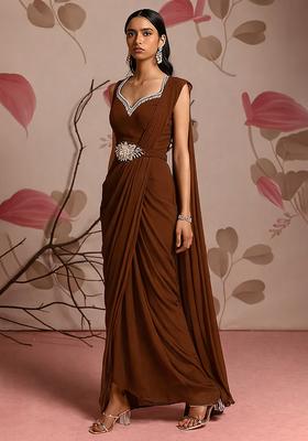 Brown Hand Work Chinon Pre Draped Saree Set