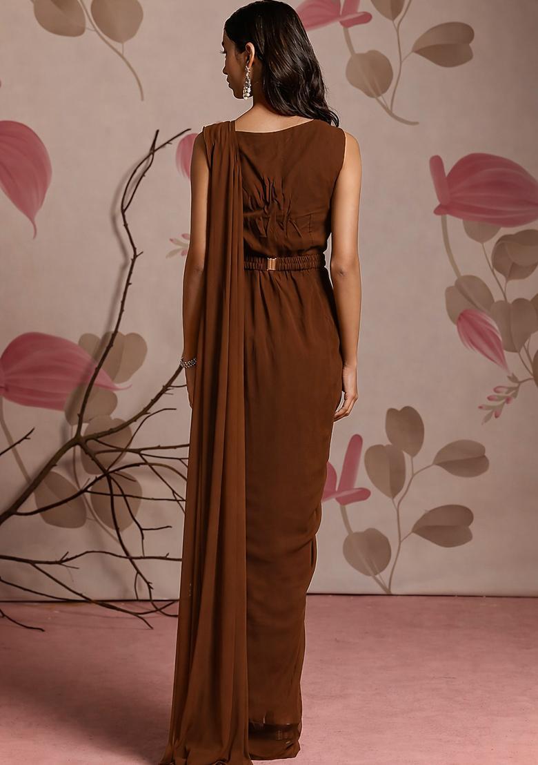Brown Hand Work Chinon Pre Draped Saree Set - Indya