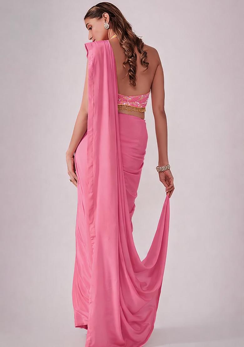 Blush Pink Hand Work Chinon Pre Draped Saree Set - Indya