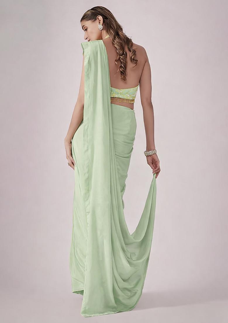 Mint Green Hand Work Chinon Pre Draped Saree Set - Indya