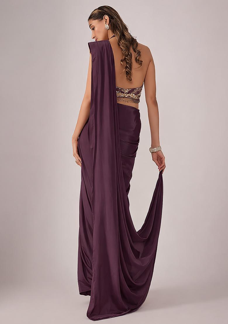 Purple Hand Work Chinon Pre Draped Saree Set - Indya