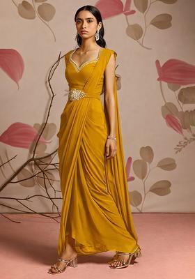Mustard Hand Work Chinon Pre Draped Saree Set