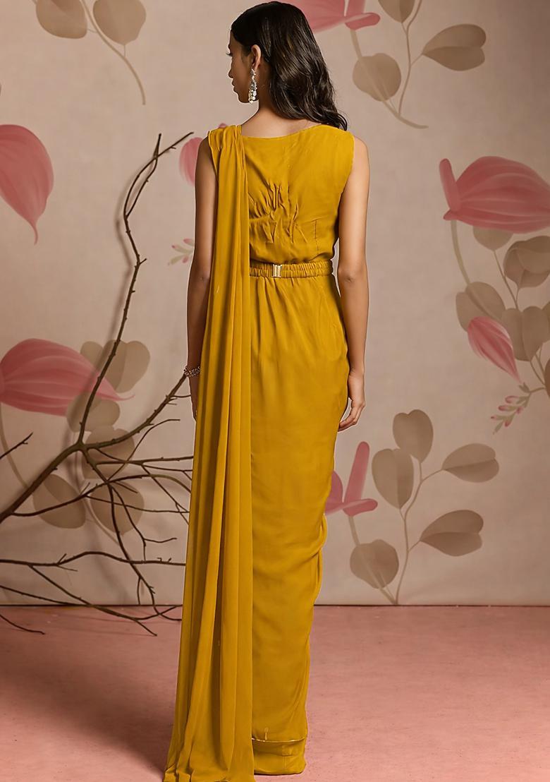 Mustard Hand Work Chinon Pre Draped Saree Set - Indya