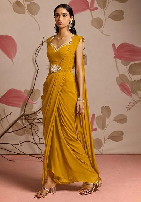 Mustard Hand Work Chinon Pre Draped Saree Set