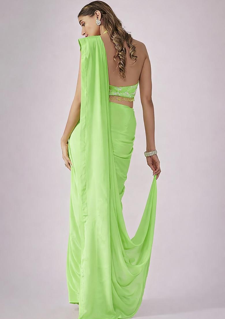 Lime Green Hand Work Chinon Pre Draped Saree Set - Indya