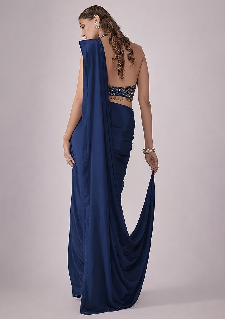 Navy Blue Hand Work Chinon Pre Draped Saree Set - Indya