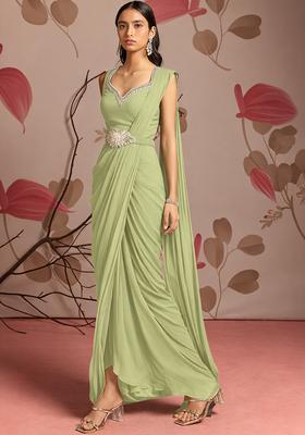 Sage Green Hand Work Chinon Pre Draped Saree Set