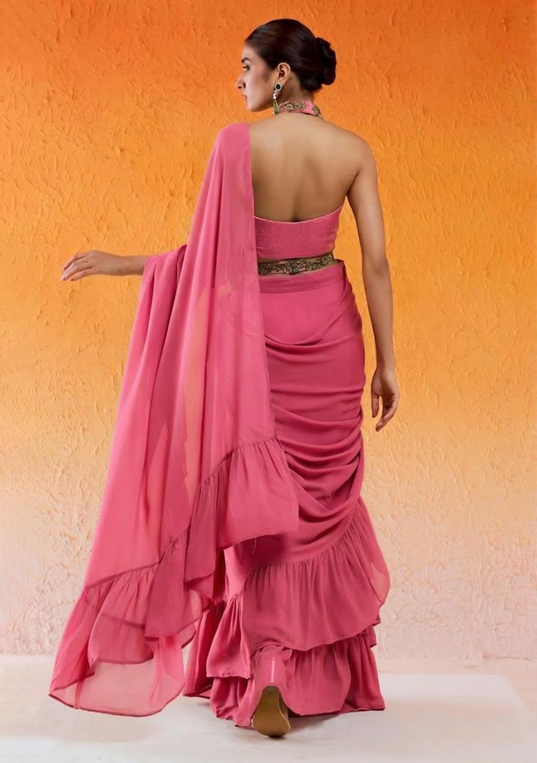 Pink Hand Work Chinon Pre Draped Saree Set - Indya