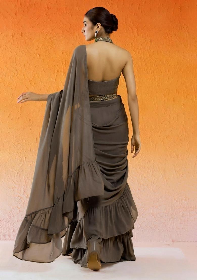 Charcoal Grey Hand Work Chinon Pre Draped Saree Set - Indya