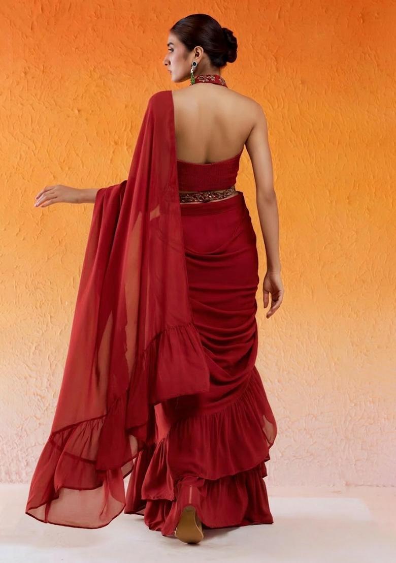 Deep Red Hand Work Chinon Pre Draped Saree Set - Indya