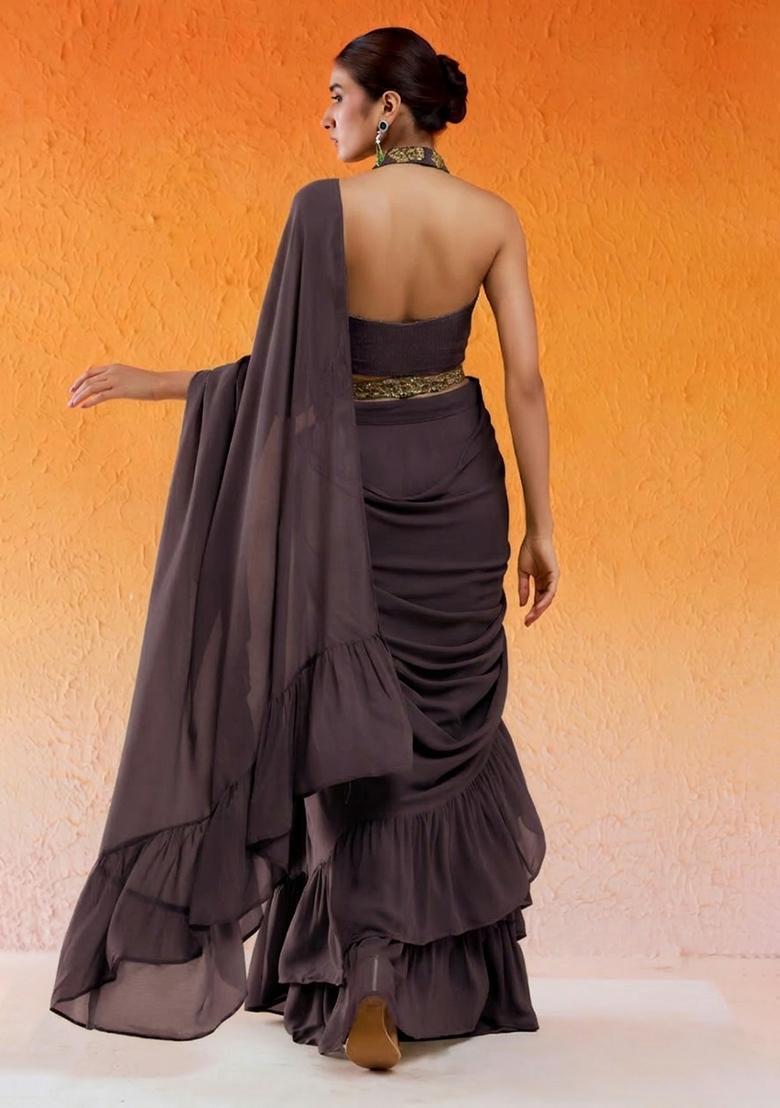 Deep Purple Hand Work Chinon Pre Draped Saree Set - Indya
