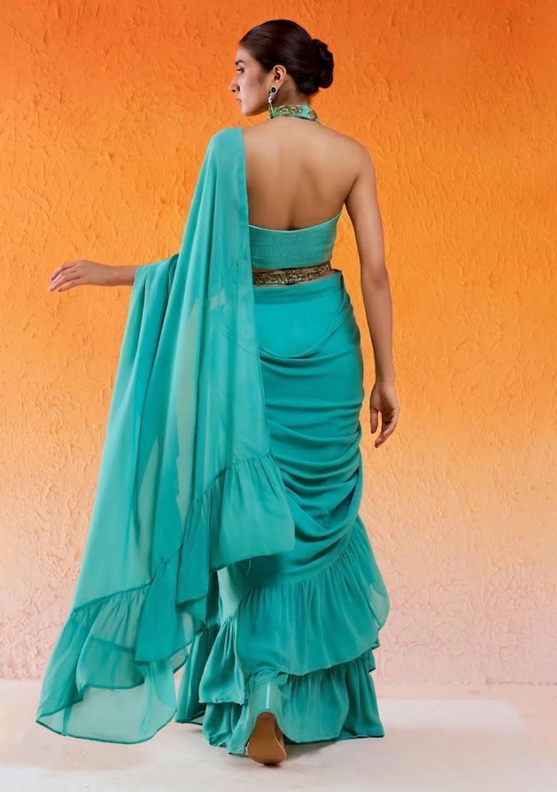 Teal Green Hand Work Chinon Pre Draped Saree Set - Indya