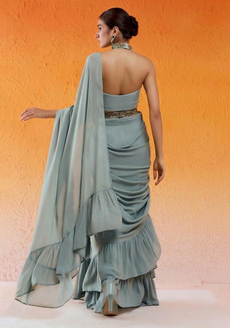 Sage Green Hand Work Chinon Pre Draped Saree Set - Indya