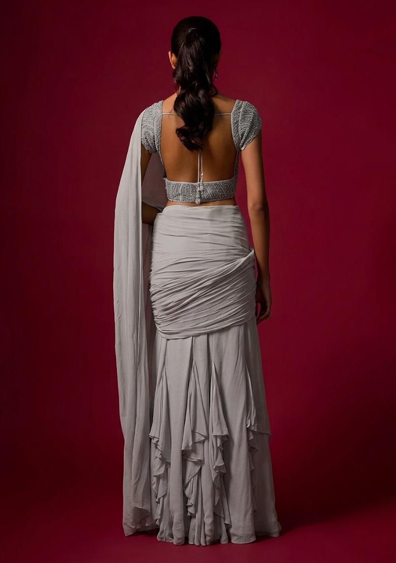 Grey Hand Work Chinon Pre Draped Saree Set - Indya