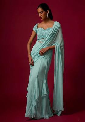 Powder Blue Hand Work Chinon Pre Draped Saree Set