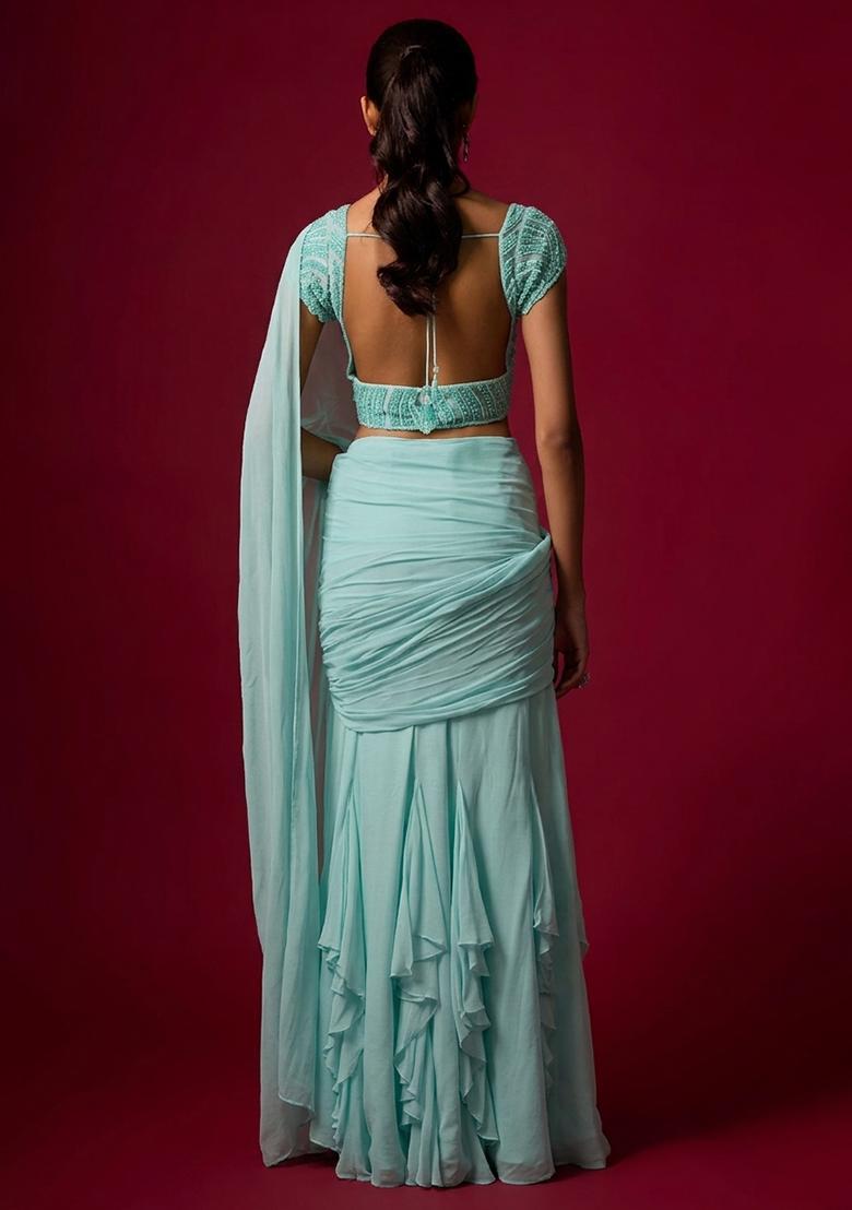 Powder Blue Hand Work Chinon Pre Draped Saree Set - Indya