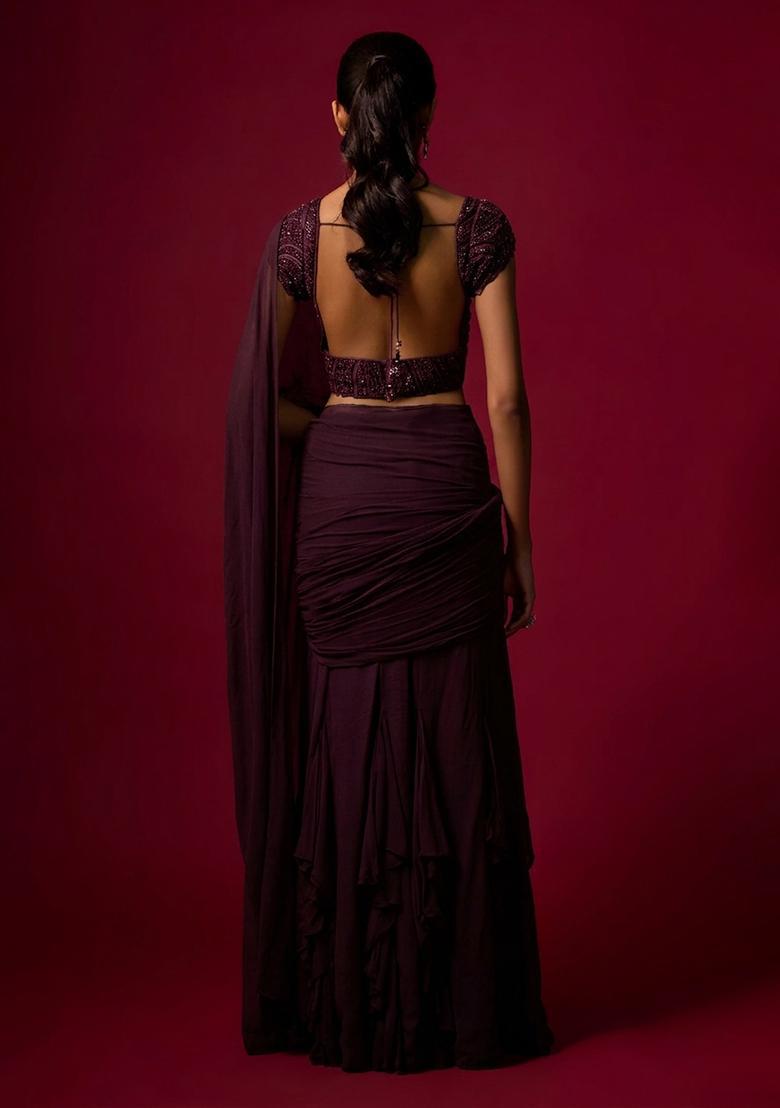 Purple Hand Work Chinon Pre Draped Saree Set - Indya