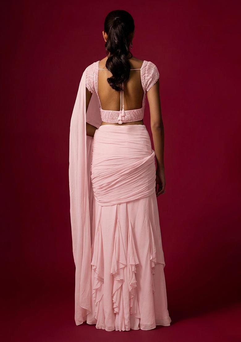 Blush Pink Hand Work Chinon Pre Draped Saree Set - Indya