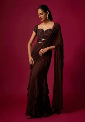 Dark Brown Hand Work Chinon Pre Draped Saree Set