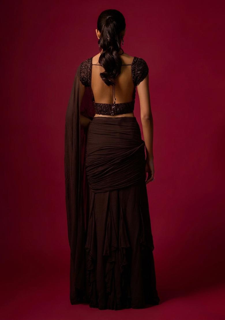 Dark Brown Hand Work Chinon Pre Draped Saree Set - Indya