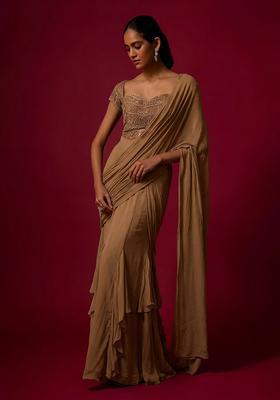 Camel Brown Hand Work Chinon Pre Draped Saree Set