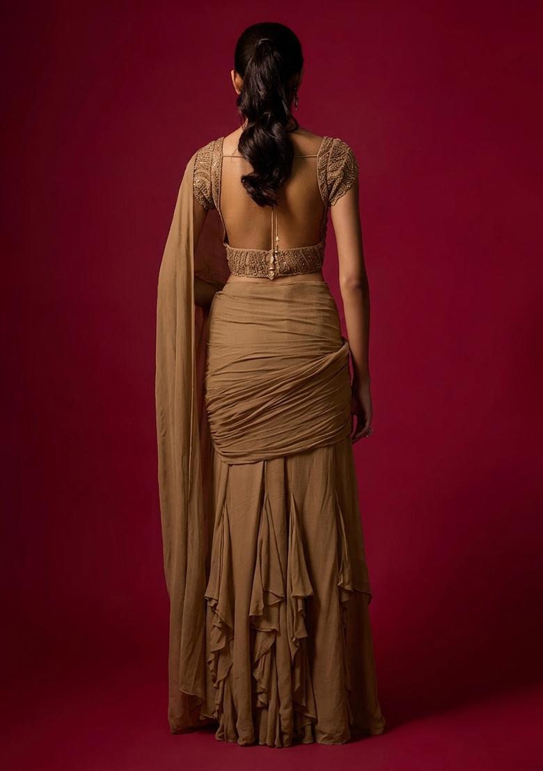 Camel Brown Hand Work Chinon Pre Draped Saree Set - Indya