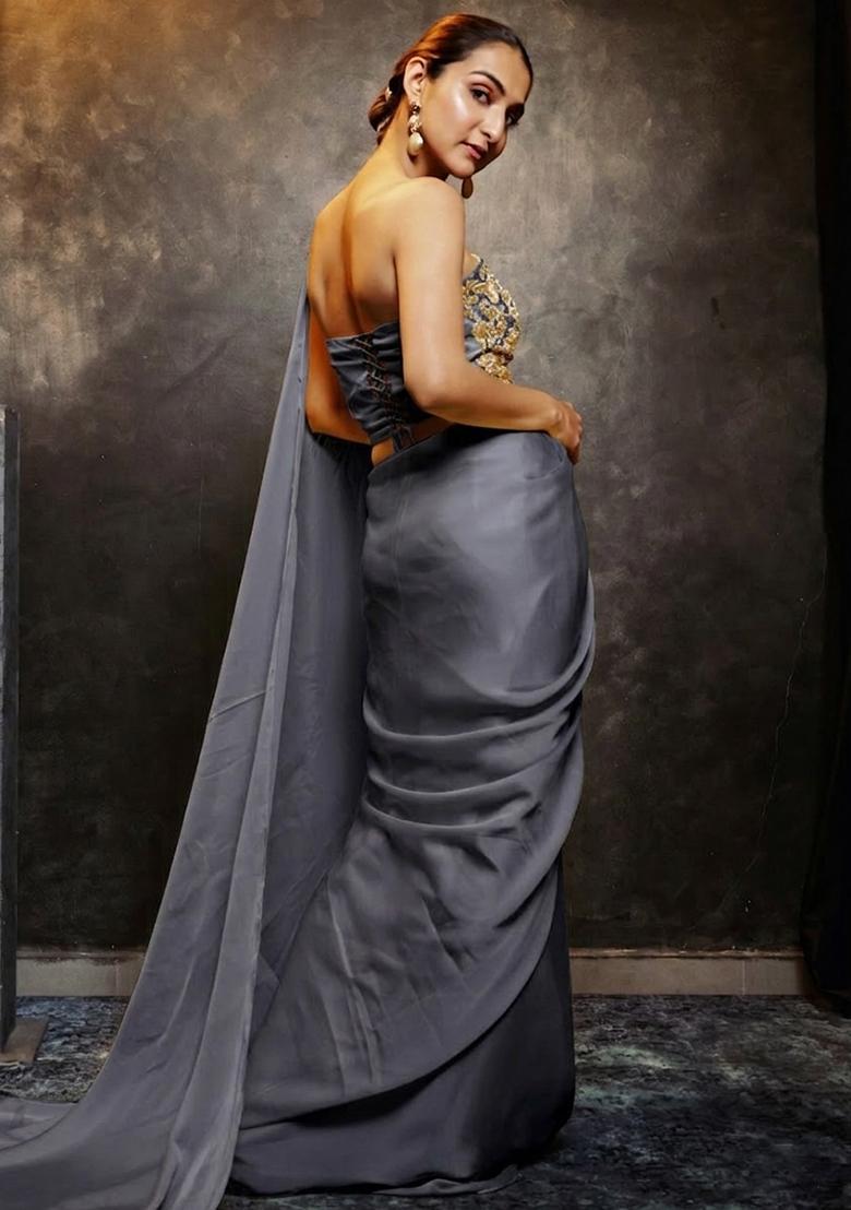 Steel Grey Hand Work Chinon Pre Draped Saree Set - Indya