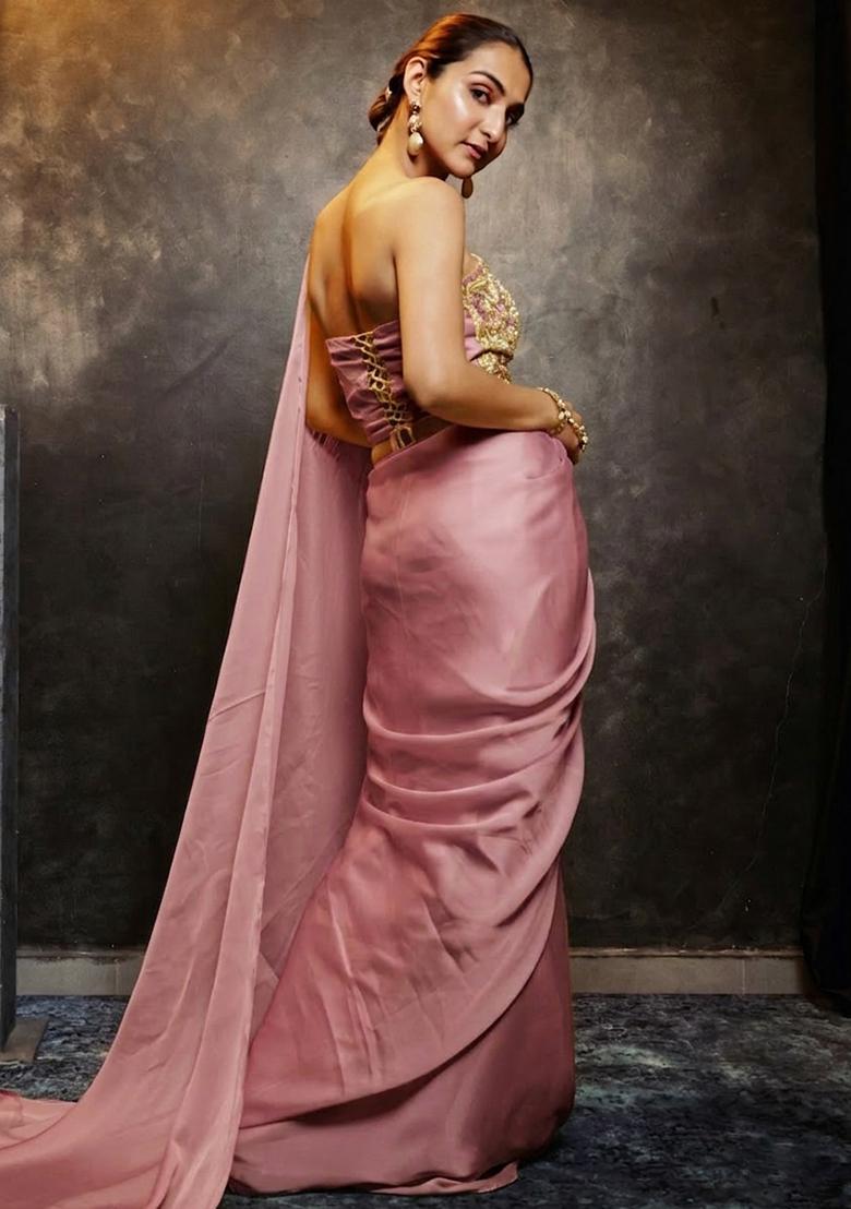 Mauve Hand Work Chinon Pre Draped Saree Set - Indya