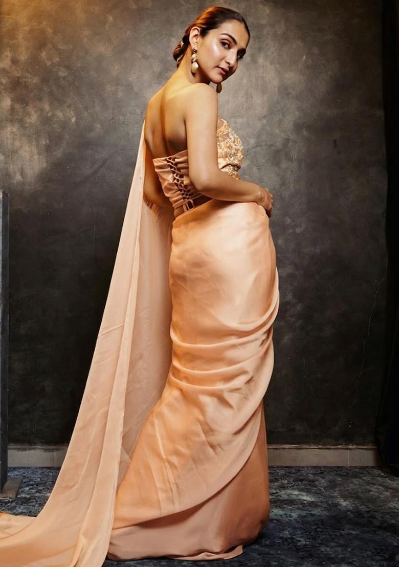 Peach Hand Work Chinon Pre Draped Saree Set - Indya